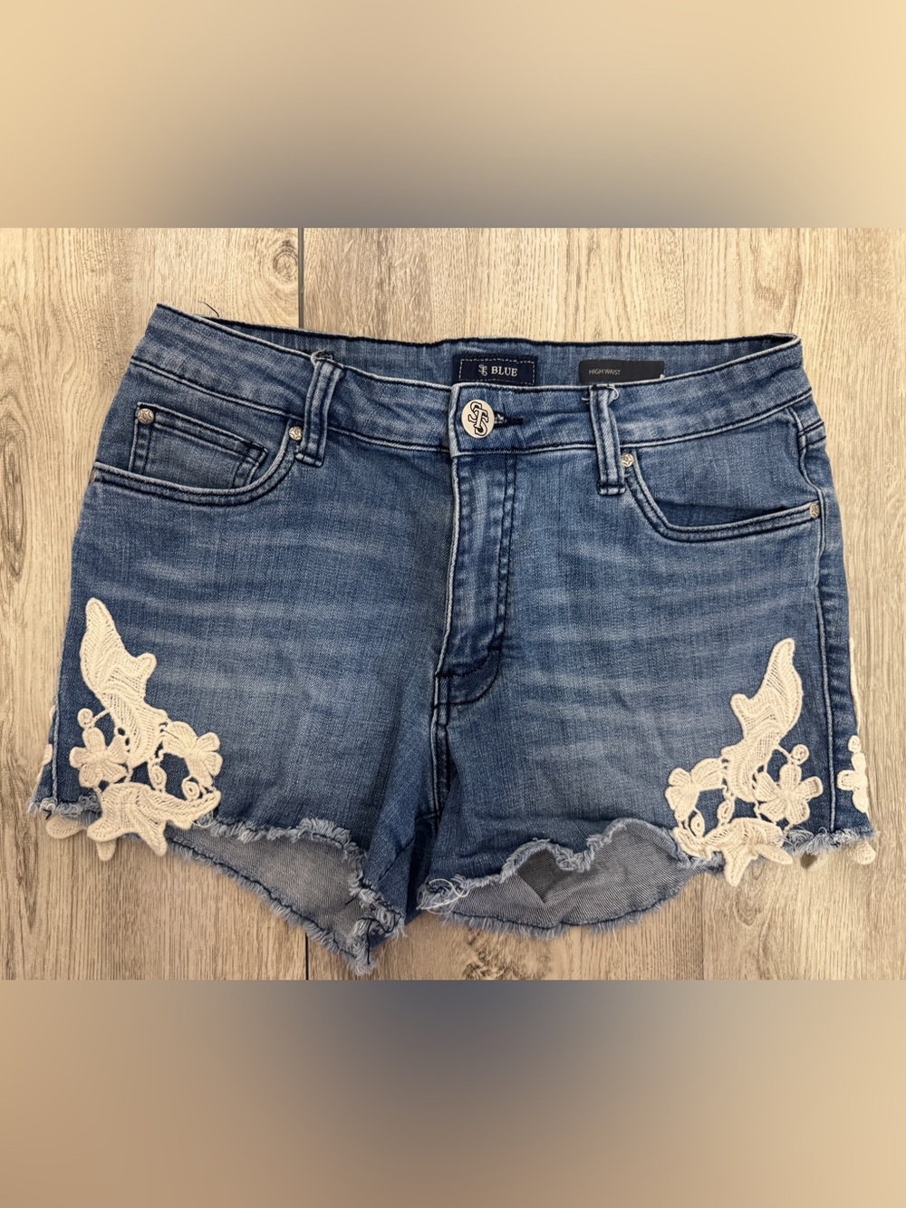 STS Blue Denim Jean Shorts with White Lace Appliqué